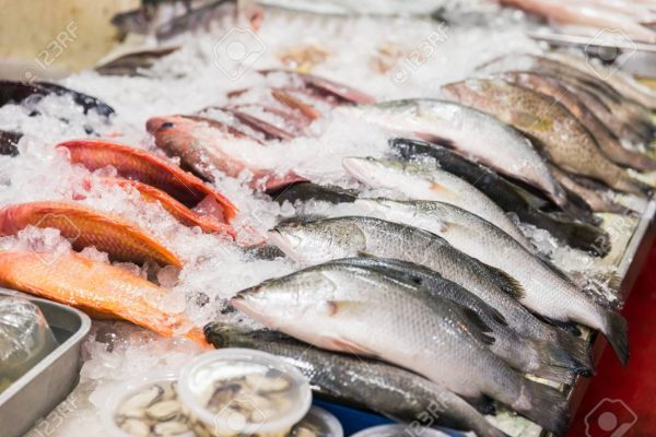 fresh fish with ice in street seafood market in Thailand